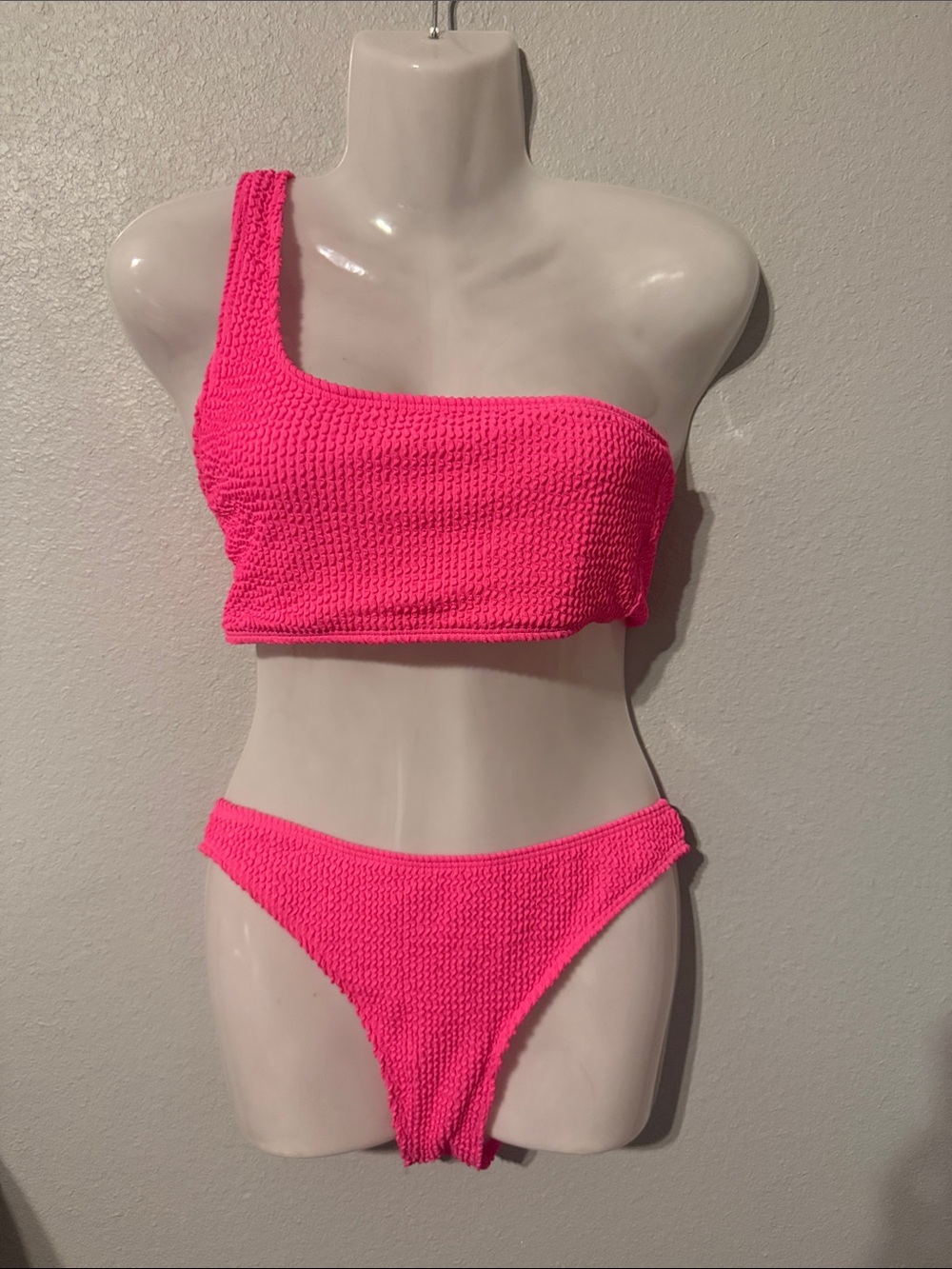 One-Shoulder Neon Pink Textured Bikini Set - Women Swim
